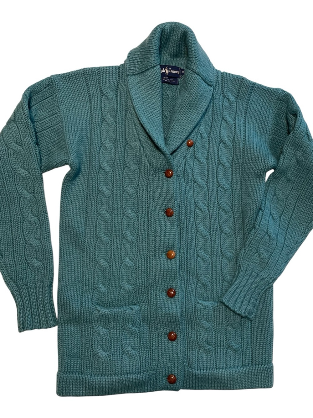 Vintage 90s Ralph Lauren 100% Wool Teal Cable-Knit Shawl Collar Cardigan Medium